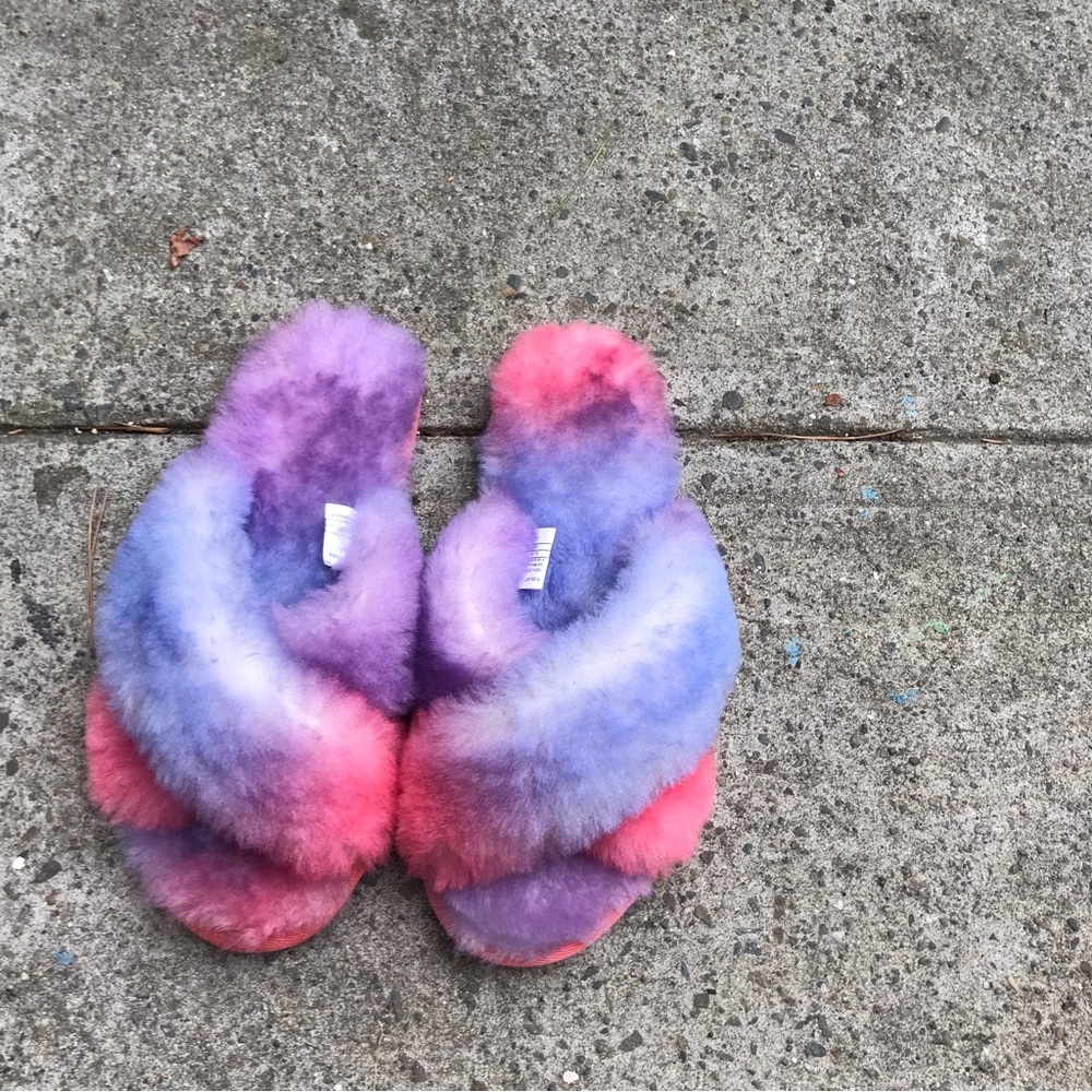 New EMU real fur rainbow dyed Slides Australia Sz 7 Sherpa